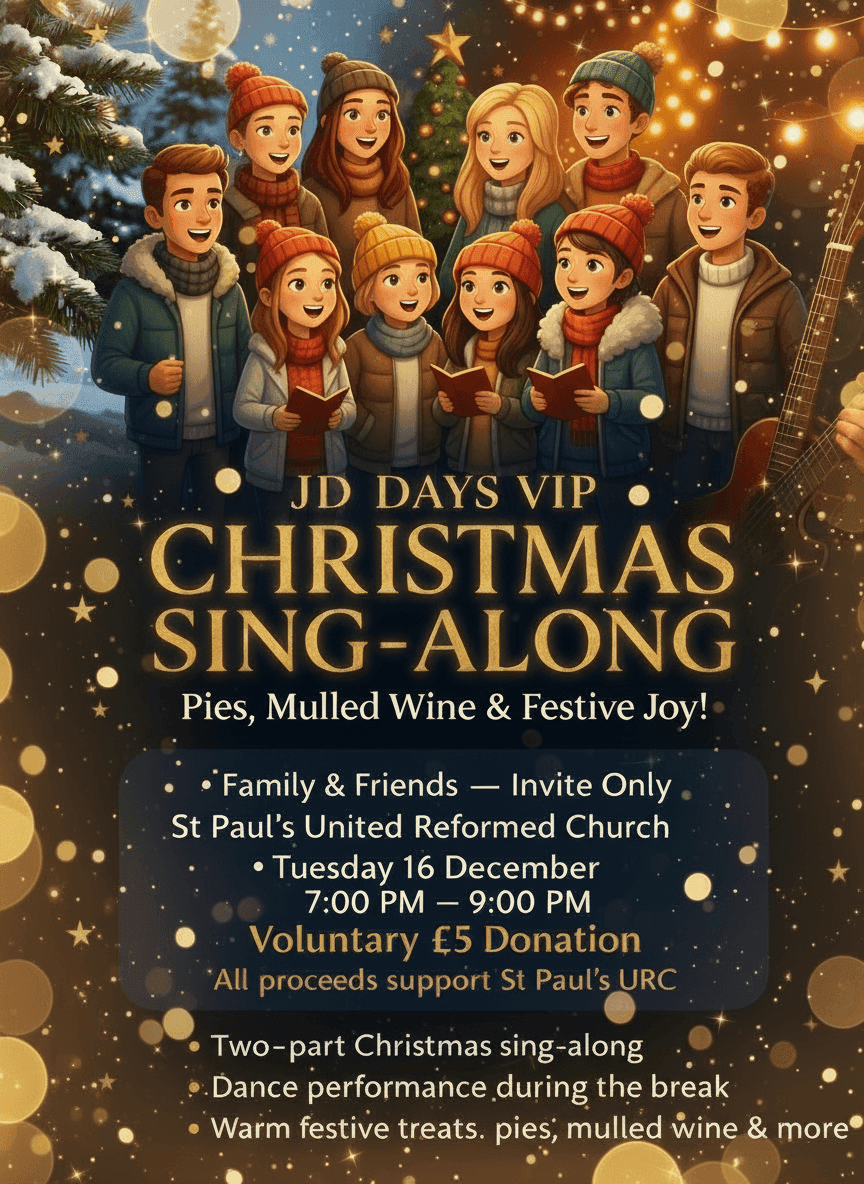 “JD Days VIP Christmas Sing-Along event poster – 16 December 2025 at St Paul’s United Reformed Church, South Croydon.”